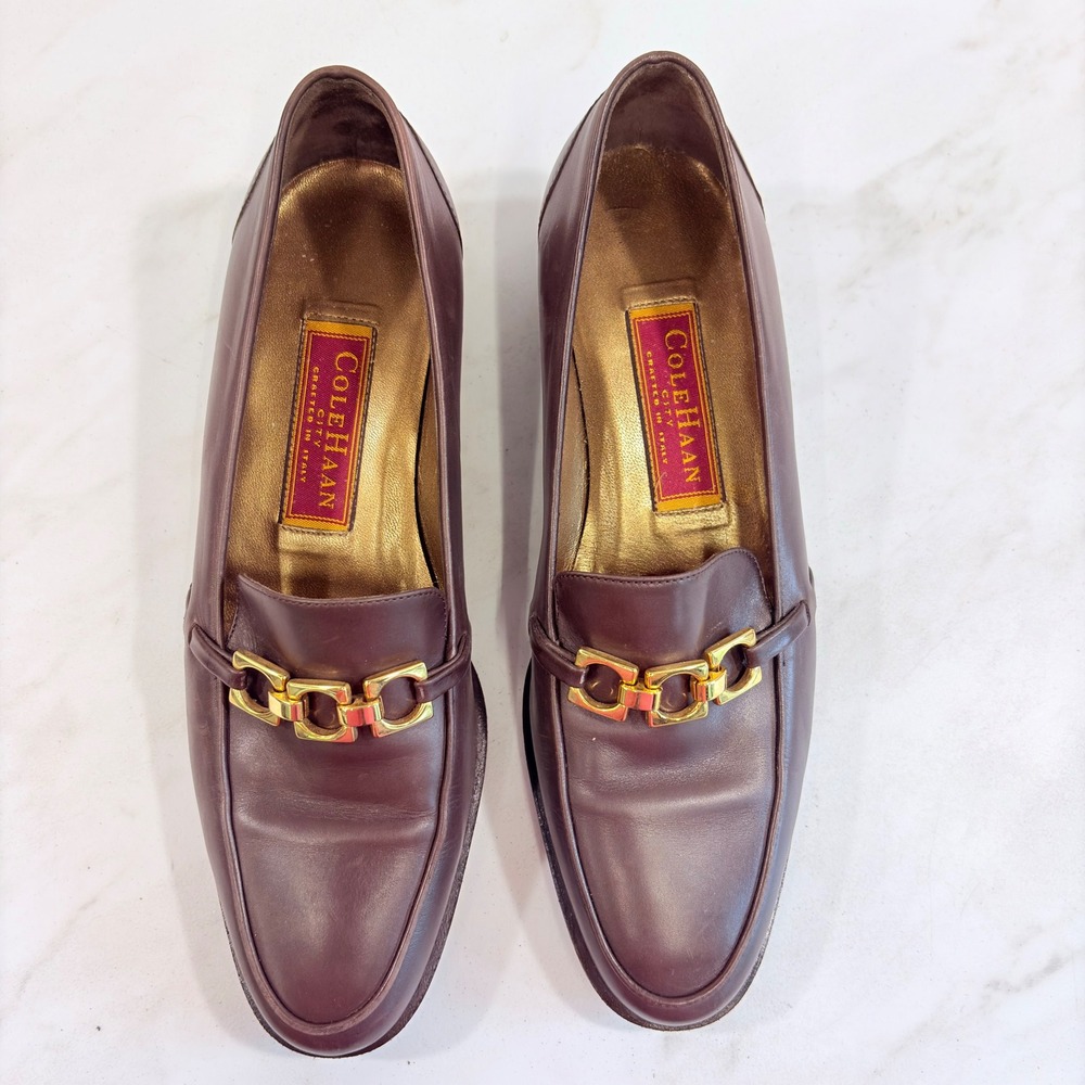 Vintage 90s Dark Academia Preppy Italian Leather Loafers Horsebit Chain 6.5B